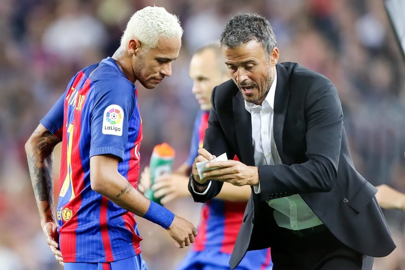 Barcelona manager Luis Enrique Martinez with Neymar da Silva Santos during the Liga match between FC Barcelona and Atletico de Madrid played at the Camp Nou, Barcelona, Spain on 21th September 2016