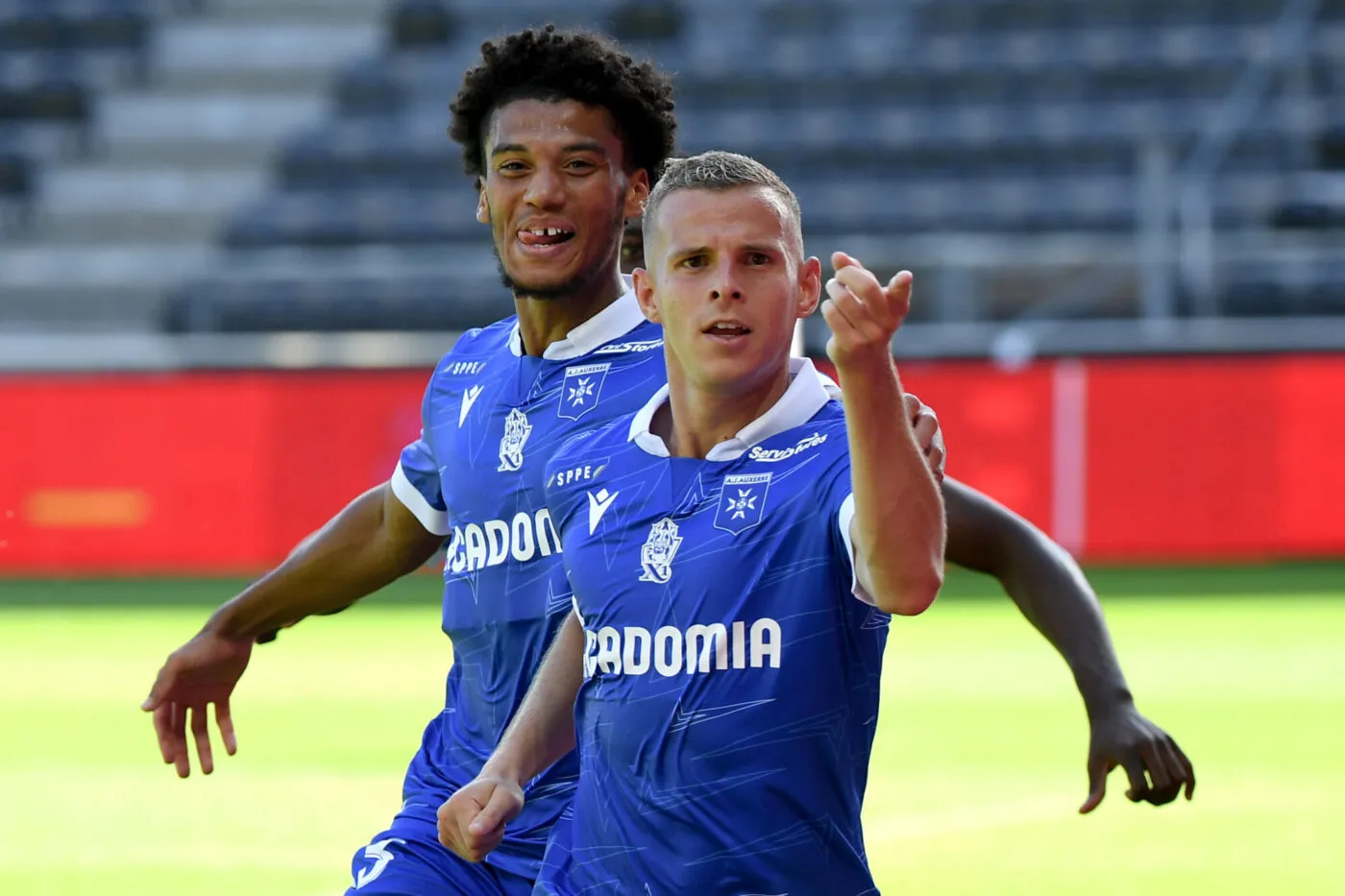 13 Clement AKPA (aja) - 07 Gauthier HEIN (aja) during the Ligue 2 BKT match between Angers Sporting Club de l'Ouest and Association de la Jeunesse Auxerroise at Stade Raymond Kopa on August 19, 2023 in Angers, France. (Photo by Christophe Saidi/FEP/Icon Sport)