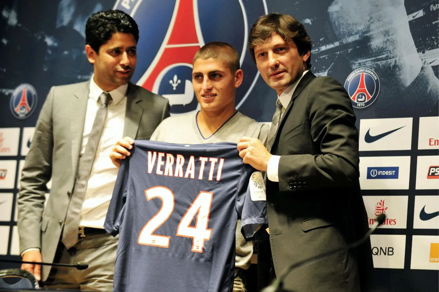 Nasser Al Khelaifi / Marco Verratti / Leonardo - 18.07.2012 - Conference de Presse pour les recrues Ibrahimovic / Verratti -Ligue 1