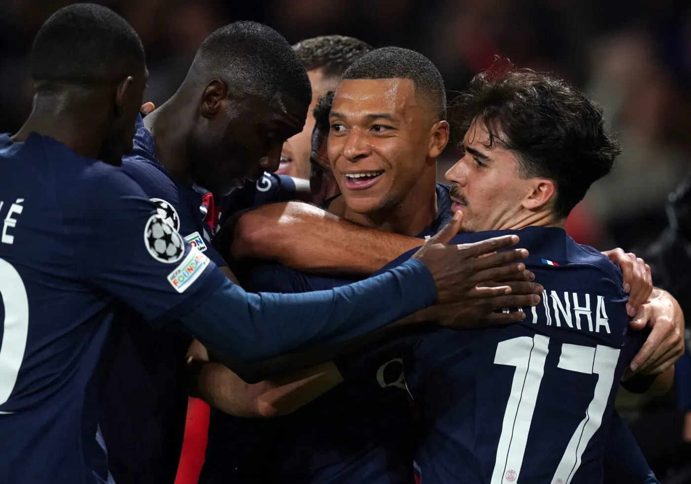 PSG's Kylian Mbappe (centre) celebrates with team mates after scoring their side's first goal of the game during the UEFA Champions League Group F match at Parc des Princes in Paris, France. Picture date: Wednesday October 25, 2023. - Photo by Icon sport