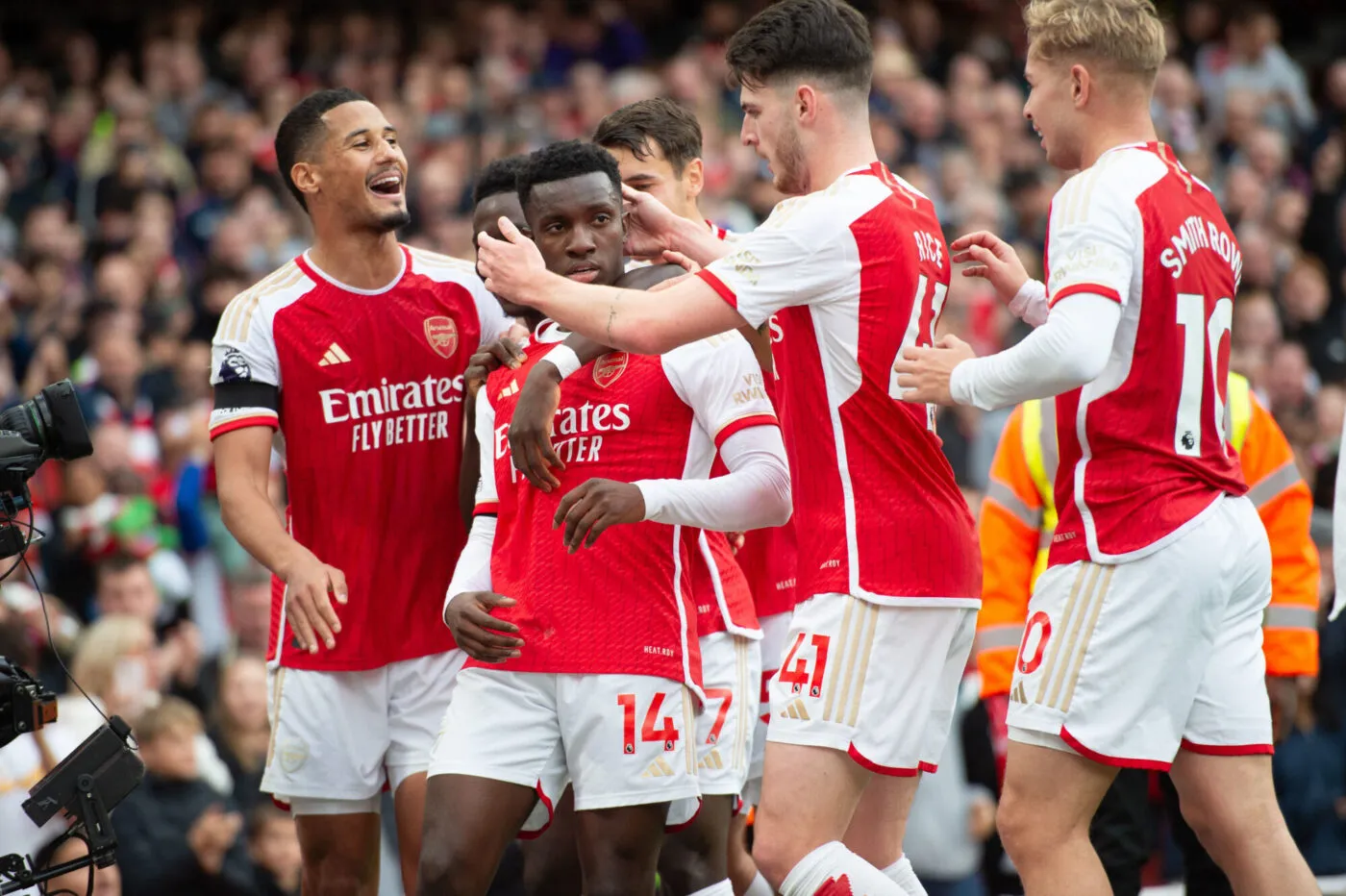 28th October 2023; Emirates Stadium, London, England; Premier League Football, Arsenal versus Sheffield United; Eddie Nketiah of Arsenal celebrates after he scored for 1-0 in the 28th minute - Photo by Icon sport