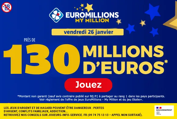 EuroMillions vendredi 26 janvier : Méga Jackpot de 130 millions d’euros à gagner  !