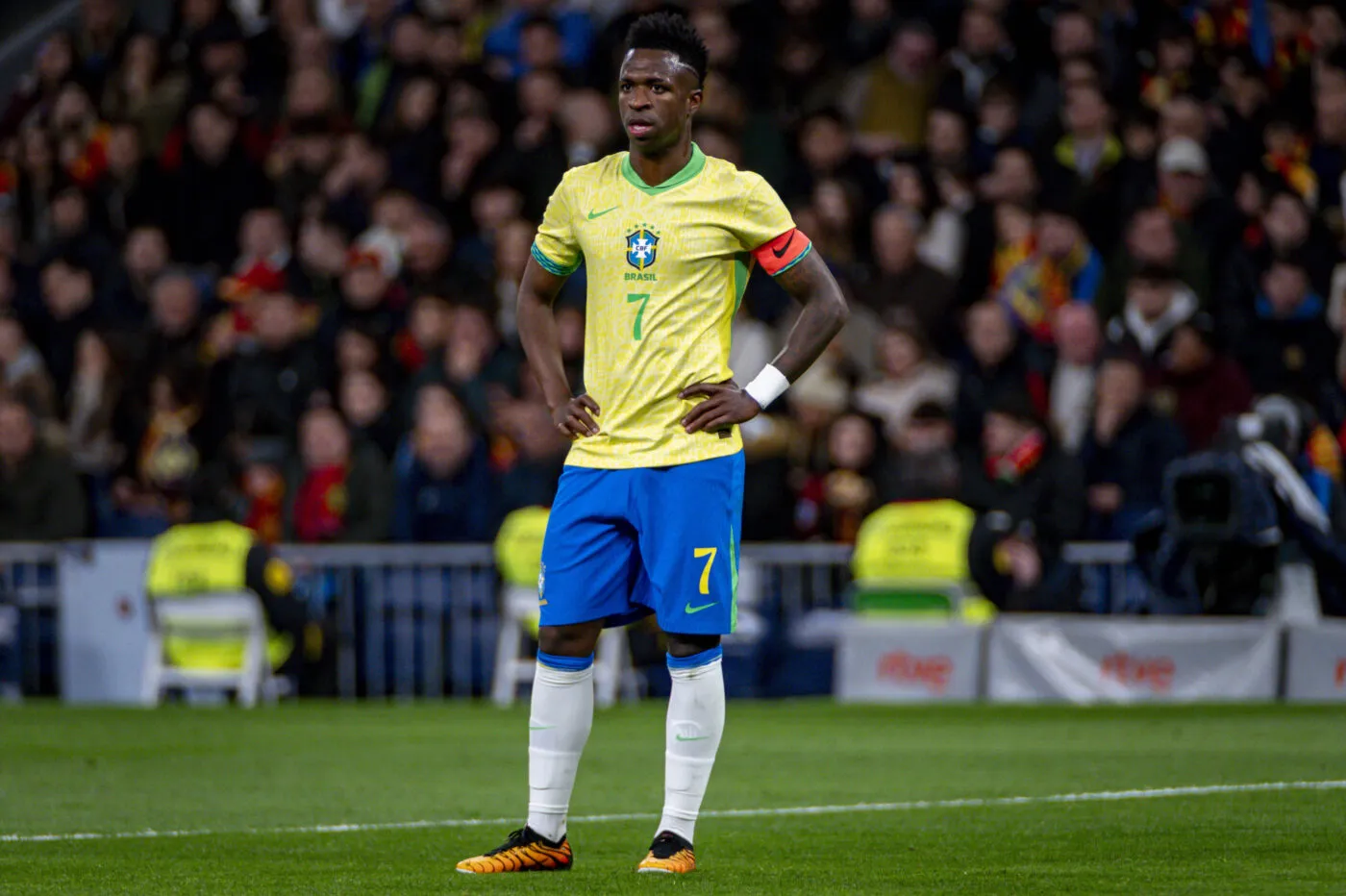 Vinicius Junior of Brazil (C) during the friendly football match among the national teams of Spain and Brazil at Estadio Santiago Bernabeu, Madrid.   - Photo by Icon Sport
