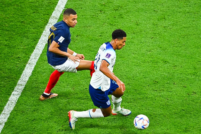 Kylian MBAPPE of France and Jude BELLINGHAM of England during the FIFA World Cup 2022, Quarterfinal match between France and England at Al Bayt Stadium on December 10, 2022 in Al Khor, Qatar. (Photo by Anthony Dibon/Icon Sport)   - Photo by Icon Sport