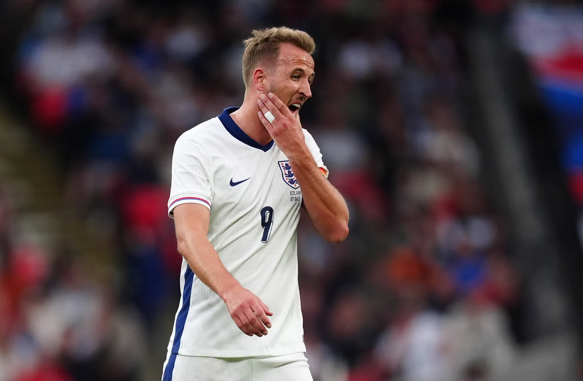 England’s Harry Kane appears dejected after Iceland’s Jon Dagur Thorsteinsson scores the first goal of the game during the international friendly match at Wembley Stadium, London. Picture date: Friday June 7, 2024. &#8211; Photo by Icon Sport