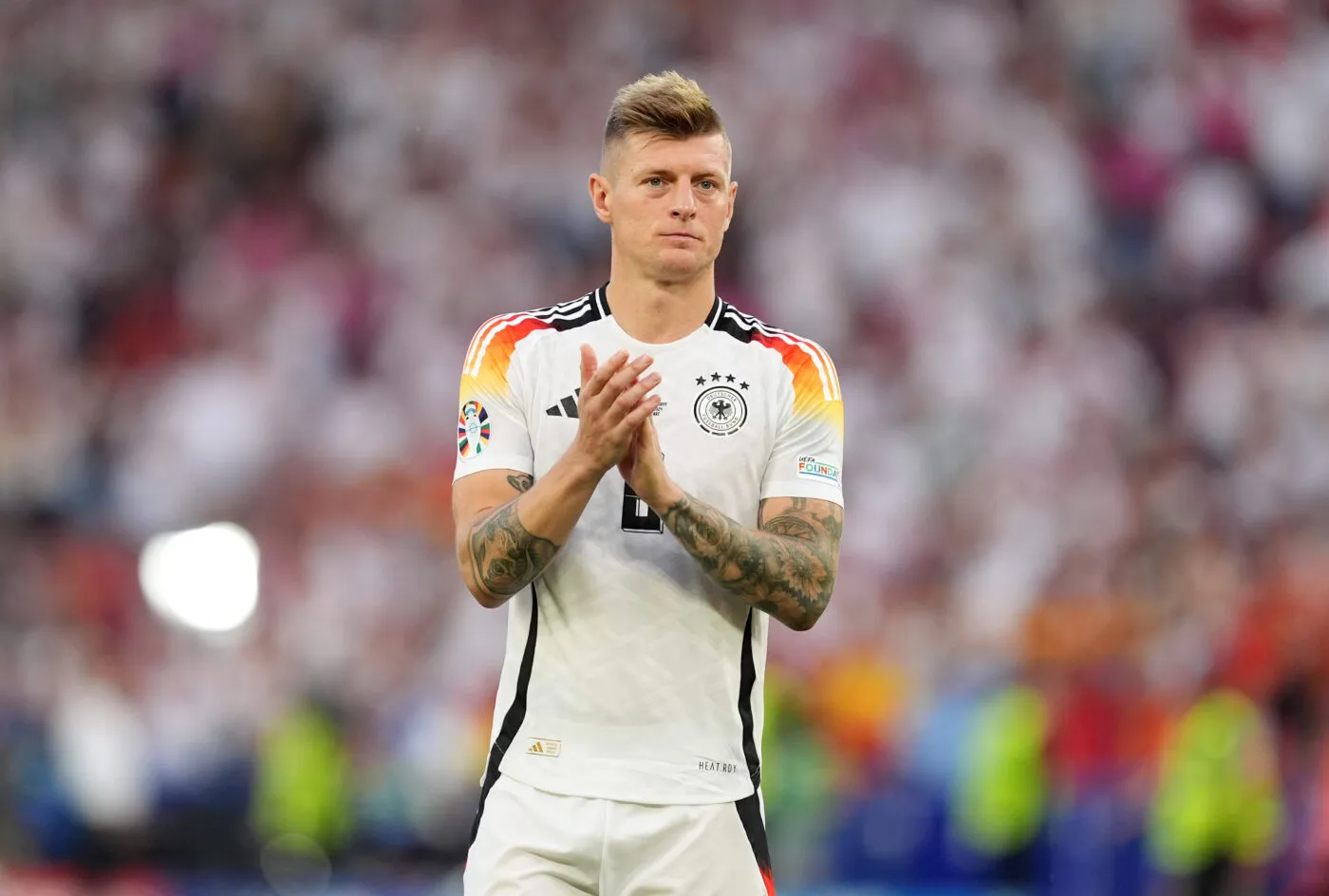 Germany's Toni Kroos appears dejected after the UEFA Euro 2024, quarter-final match at the Stuttgart Arena in Stuttgart, Germany. Picture date: Friday July 5, 2024.   - Photo by Icon Sport