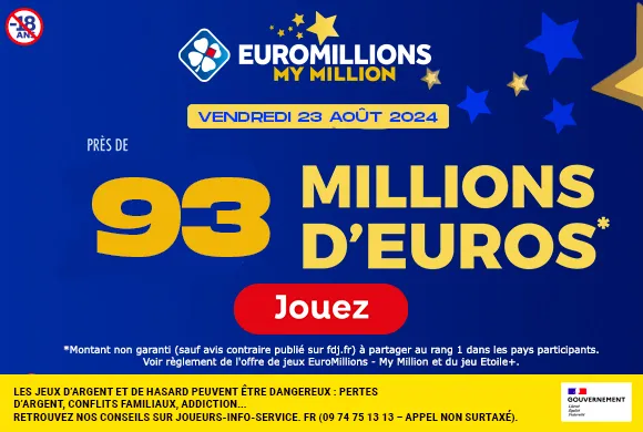 Euromillions vendredi 23 août 2024 : 93 millions d’euros à gagner !