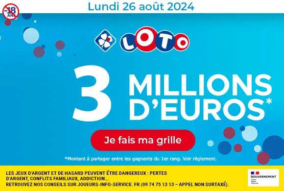 Loto lundi 26 août 2024 : 3 millions d’euros à gagner !