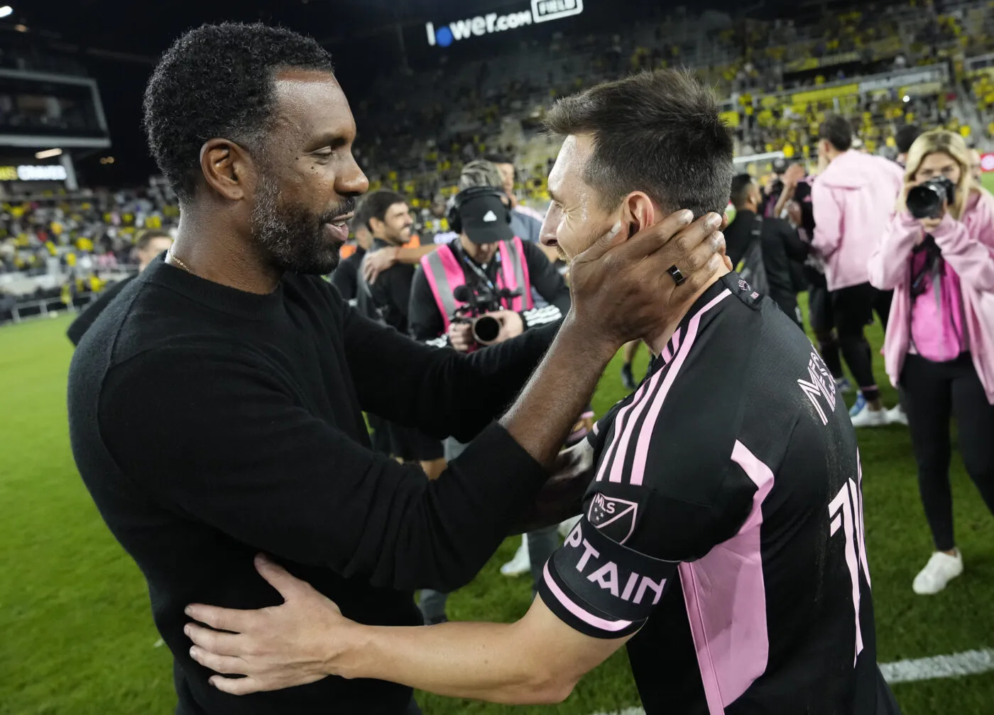 Oct 2, 2024; Columbus, OH, USA;  Columbus Crew head coach Wilfried Nancy talks to Inter Miami CF forward Lionel Messi (10) following the MLS soccer game at Lower.com Field. Miami won 3-2. Mandatory Credit: Adam Cairns-USA TODAY Network via Imagn Images/Sipa USA   - Photo by Icon Sport