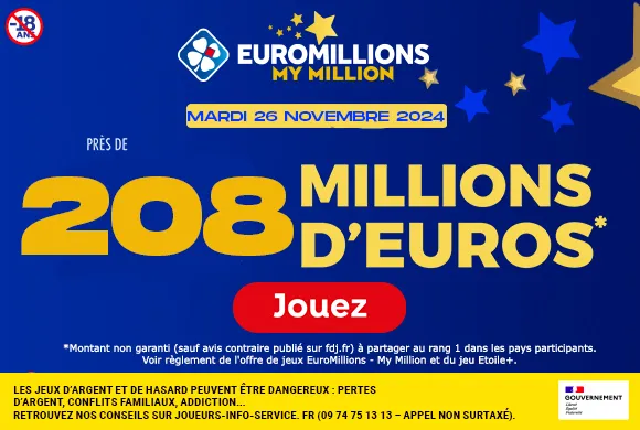 EuroMillions mardi 26 novembre 2024 : 208 millions d’euros à gagner !