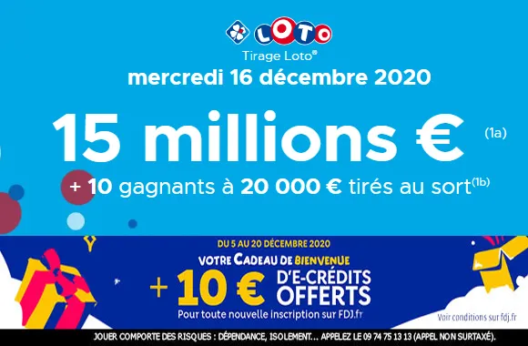 LOTO : 15 millions d&rsquo;€ à gagner ce mercredi + 10€ offerts pour jouer sur FDJ.fr