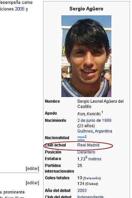 Photo : Wikipedia envoie Agüero au Real