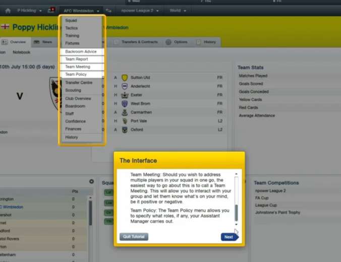 Football Manager : Tutorial Interface