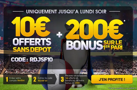 Exclu limitée : 10€ offerts sans dépôt pour parier chez NetBet !