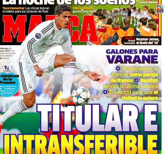 Varane intransférable en une de Marca